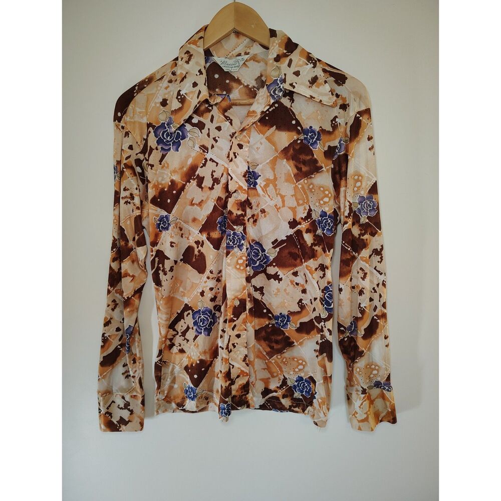 Vintage 70s Maxino Shirt Size M Dagger Collar Floral Disco Boho Hippie